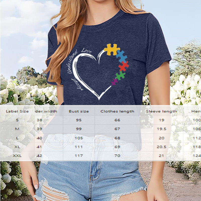 Women's Casual Short Sleeve T-Shirt Heart Puzzle Print Round Neck Summer Tee