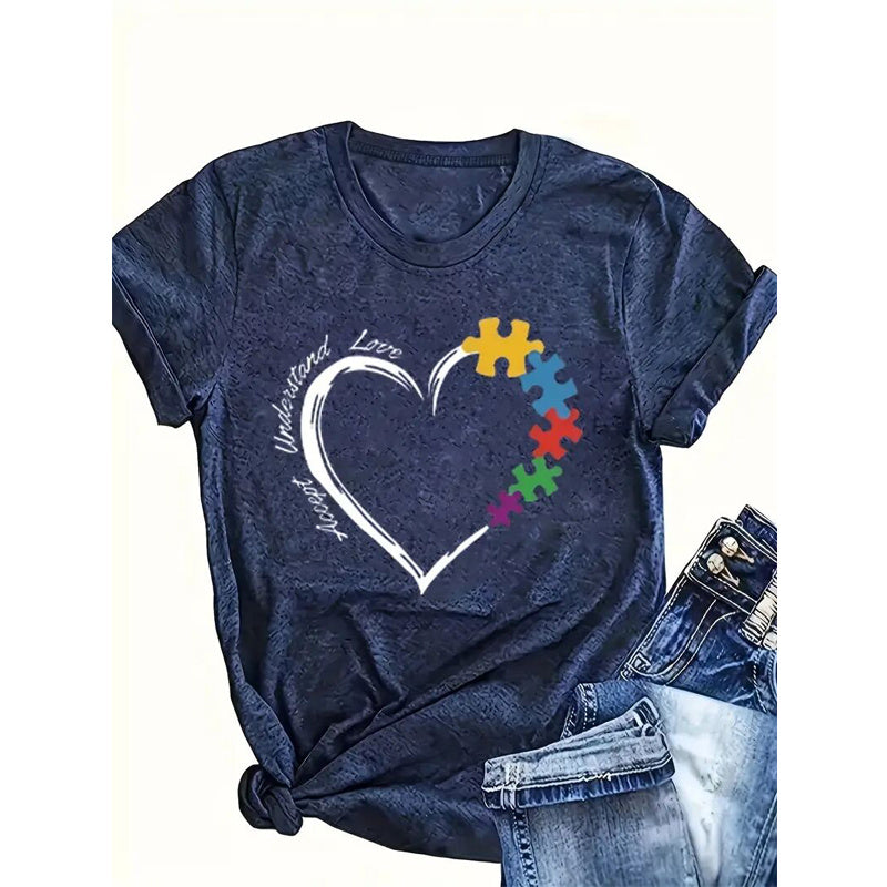 Women's Casual Short Sleeve T-Shirt Heart Puzzle Print Round Neck Summer Tee