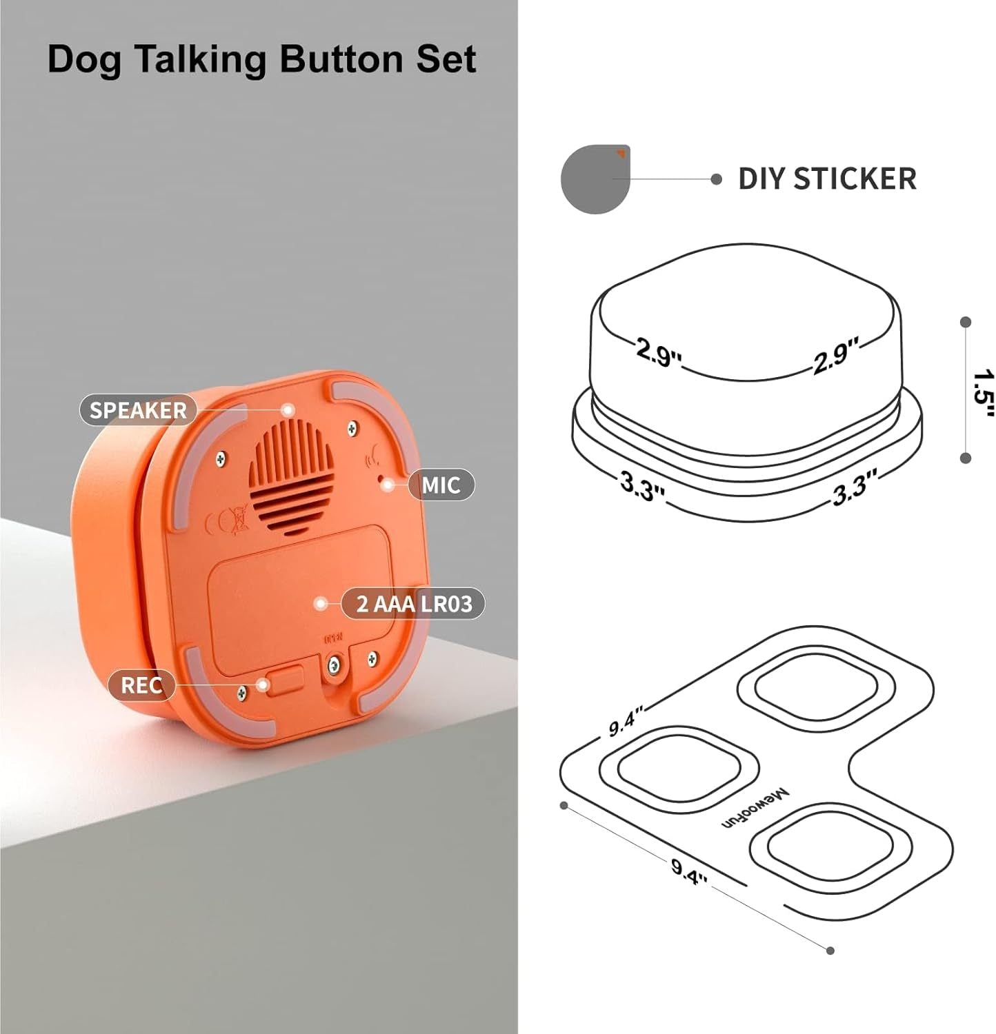 MEWOOFUN Dog Talking Buttons Set - 3 Recordable Communication Buttons