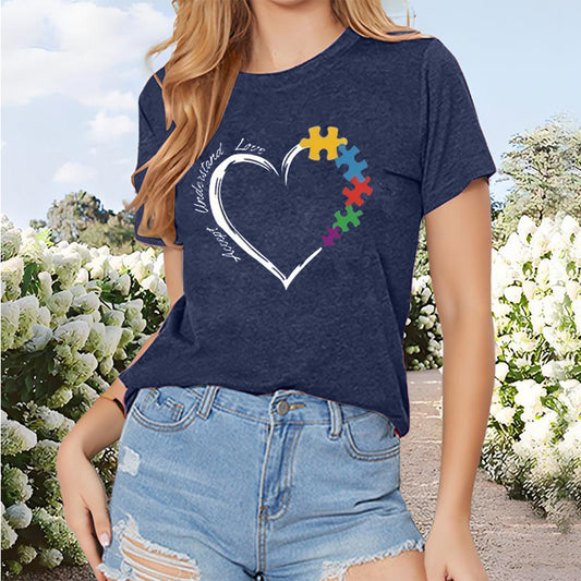 Women's Casual Short Sleeve T-Shirt Heart Puzzle Print Round Neck Summer Tee