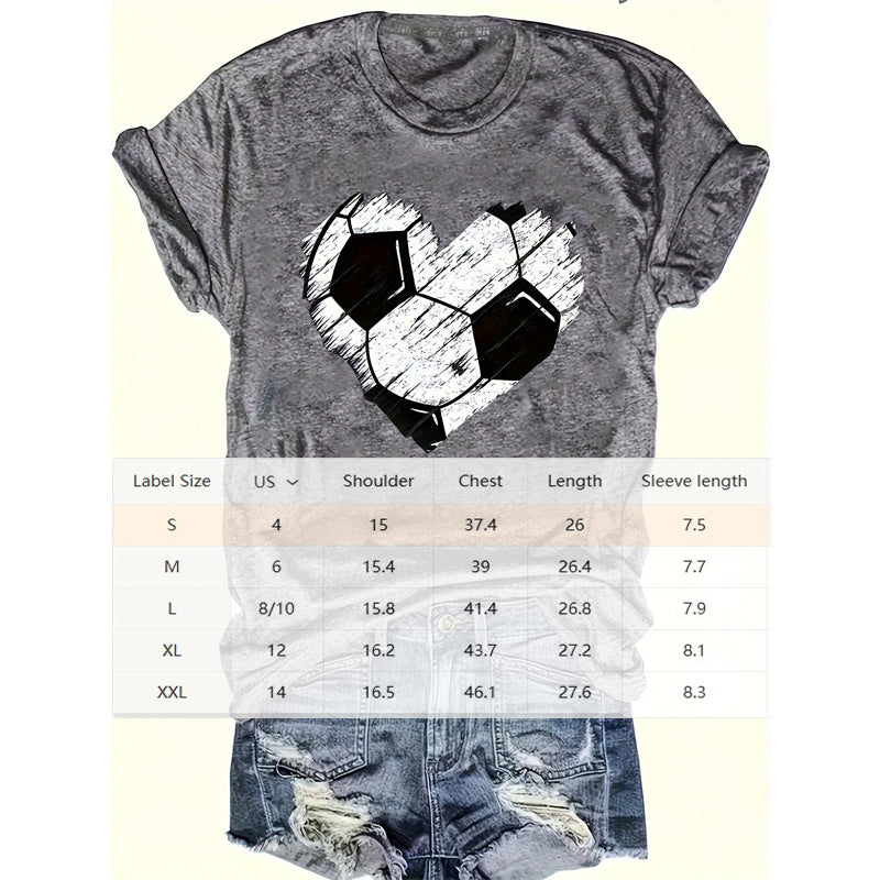 Women's Heart Football Print T-Shirt Round Neck Sporty Short Sleeve Top Summer Casual Football Tee