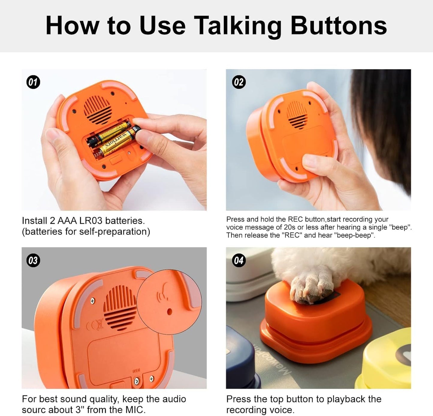 MEWOOFUN Dog Talking Buttons Set - 3 Recordable Communication Buttons